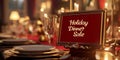 A close-up of a beautifully set dining table, adorned with a sign announcing a