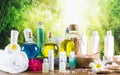 Composition of spa cosmetic products concept with Bamboo Forest Royalty Free Stock Photo