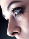 Close up of beauty girl cry on black background Woman with tear on face