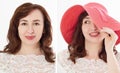 Close up before after Beauty middle age woman face portrait. Hat Sun anti aging protection concept Isolated on white background. Royalty Free Stock Photo