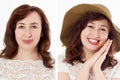 Close up before after Beauty middle age woman face portrait. Hat Sun anti aging protection concept Isolated on white background.