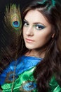 Close up beauty portrait of beautiful girl with peacock feather. Creative makeup peafowl feathers. Attractive mysterious Royalty Free Stock Photo