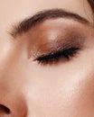 Close-up beauty portrait of young woman with beautiful nude makeup. Modern smokey eyes with colorful eyeshadows Royalty Free Stock Photo