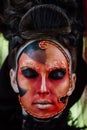 Close-up beauty red art make-up portrait of halloween woman Witch baroque. Royalty Free Stock Photo