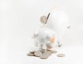 Close up beautyful piggy bank and coins on white background for financial and saving artwork with copyspace