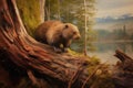 close-up of beaver gnawing on a tree trunk