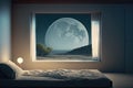 close-up of bedroom, with the moon shining through the window, giving a tranquil and serene atmosphere