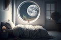 close-up of bedroom, with the moon shining through the window, giving a tranquil and serene atmosphere