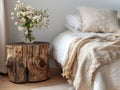 Close up of bedside cabinet near bed with beige bedding. Royalty Free Stock Photo