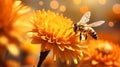 Close-up of bee collecting nectar and pollen from flower with blurred background and space for text Royalty Free Stock Photo