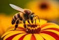 Close up of a bee collecting pollen from a daisy flower.