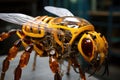 Close up of a bee model in a museum. Shallow depth of field, genetically modified robotic Honey Bee, AI Generated