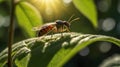 Winged Ant on Green Leaf in Sunlight - A Macro View of Nature Royalty Free Stock Photo