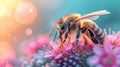 Close up of a bee on pink flower with bokeh background Generative AI Royalty Free Stock Photo