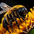 Close up of a bee pollinating a yellow dandelion flower. generative ai Royalty Free Stock Photo