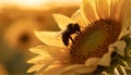 Close-up of a bee sitting on a sunflower flower, an insect on the flower Royalty Free Stock Photo