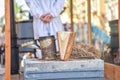 Close-up of bee smoker over a beehive with beekeeper in the background. Selective focus.