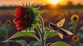 A striking image of a hoverfly resting on a vivid red sunflower at golden hour Royalty Free Stock Photo