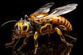 Close up of a bee toy. Isolated on black background, genetically modified robotic Honey Bee, AI Generated