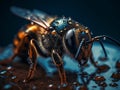 Close-up of a bee in water droplets on a wet surface dramatic shot. AI generated