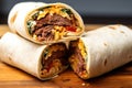 close up of a beef burrito sliced in half