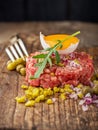 Close up of beef tartar with capers