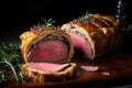 Close-up of Beef Wellington Slice with Pink Center and Flaky Pastry, Topped with Brown Sauce and Herbs