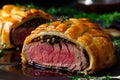 Close-up of Beef Wellington Slice with Pink Center and Flaky Pastry, Topped with Brown Sauce and Herbs