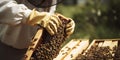 close-up of a beekeeper inspecting a beehive two generative AI Royalty Free Stock Photo