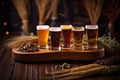 close-up of beer flight on rustic wooden table