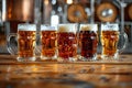 Close-up of beer glasses on wooden table in brewery with varying levels of beer in each glass Royalty Free Stock Photo