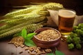 close-up of beer ingredients: hops, barley, and yeast