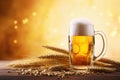 Close up of beer in a mug with foam and wheat ingredients on wooden table with blurred sparkling light background and copy space Royalty Free Stock Photo