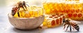 Close up of bees on honeycomb, golden nectar in wooden bowl. Detailed view of honey harvesting and bee activity