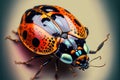 a close up of a beetle on a white background with a black and orange pattern on it\'s back legs and legs, with a yellow and