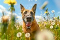 Close up of a Belgian Malinois dog in a field of dandelions