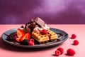 Close up of belgian waffles with ice cream, berries chocolate and chocolate sauce on trendy colorful background with copy space.