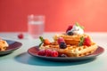 Close up of belgian waffles with ice cream, berries and honey syrup isolated on trendy colorful background with copy space for