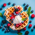 Close up of belgian waffles with ice cream, berries and mint leaves isolated on trendy background, top view. Food banner with