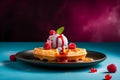 Close up of belgian waffles with vanilla ice cream, raspberries and berry syrup isolated on trendy colorful background with copy