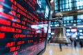 A close-up of a bell and stock market display, reflecting financial data and trading activity in a bustling exchange environment