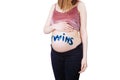 Close-up belly of pregnant woman. Gender: boy, girl, twins. Royalty Free Stock Photo