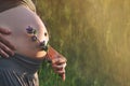 Close up belly of pregnant woman outdoor on green field with wild flower on sunset. Healthy pregnancy on nature