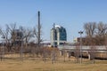 Close up of the bend on Bob Kerrey cable stayed pedestrian bridge Omaha Nebraska in early spring