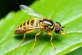 a close-up of a beneficial hoverfly on a leaf Royalty Free Stock Photo