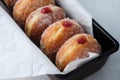 Traditional German Polish Donut with Raspberry Jam Dusted with Sugar. The traditional meal on Fat Thursday, the last day Royalty Free Stock Photo