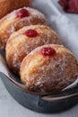 Traditional German Polish Donut with Raspberry Jam Dusted with Sugar. The traditional meal on Fat Thursday, the last day Royalty Free Stock Photo