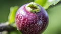 a close up of a berry on a tree branch with water droplets on it and a green leaf in the back ground, with a blurry background Royalty Free Stock Photo