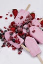 Close up of berry yogurt ice cream with wooden stick on white background Royalty Free Stock Photo