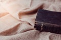 Close Up Of Bible On Vintage Sack Cloth, Christian Background, Copy Space